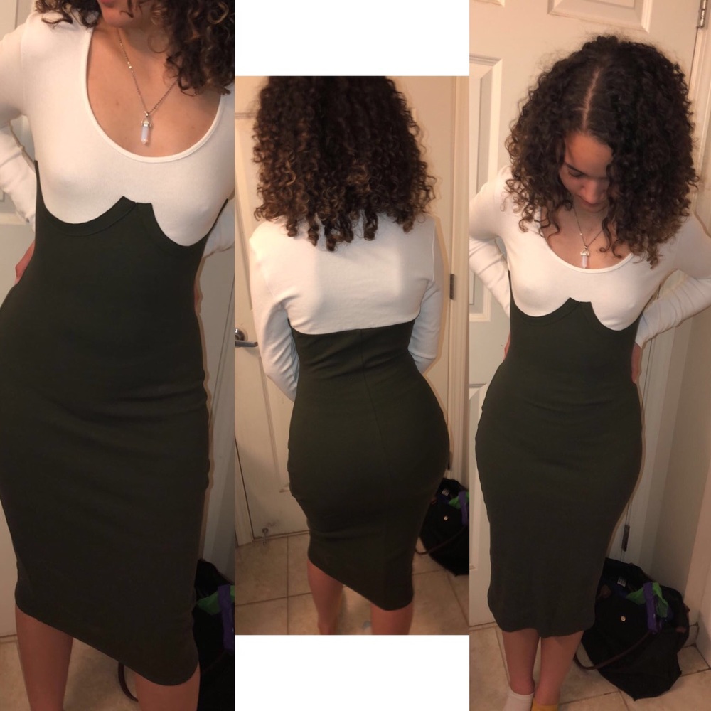 Long sleeve olive & white dress
